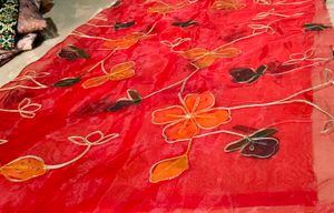 Premium Red Floral Embroidered Soft Net Fabric | D