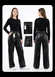 Chic Black Faux Leather Wide Leg Pants
