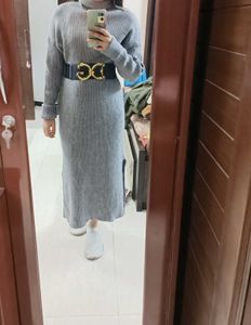 Women Long Ribbed High Neck Dress