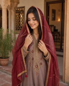 Maroon Net Dupatta with Golden Border