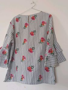 Striped Floral Bell Sleeve Top