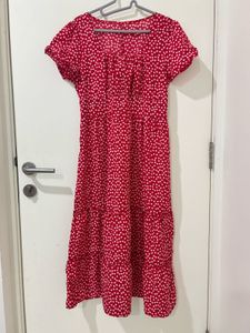 Red Floral Midi Dress with Ruffles