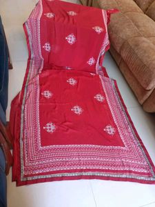 Red white  Bordered Embroidered Saree
