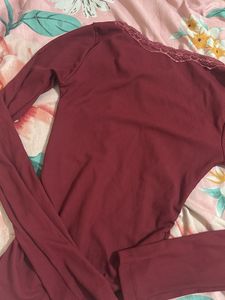 Burgundy Lace Trim Long Sleeve Top