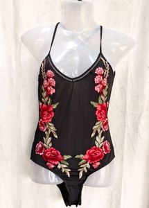 Floral Embroidered Black One-Piece Swimsuit