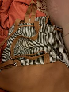 Striped Backpack with Faux Leather Trim