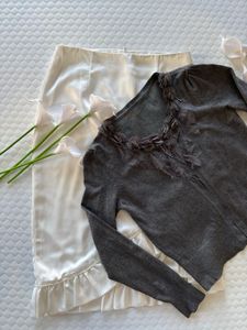 Elegant Grey Cardigan with Embellished Neckline