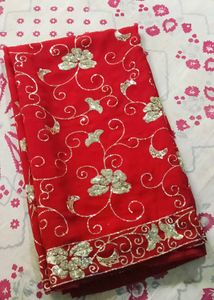 Red Saree with Silver Embroidery