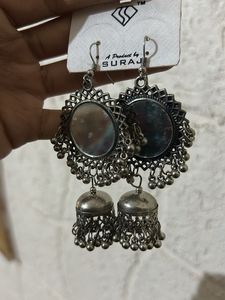 Oxidized Mirror Jhumka Earrings
