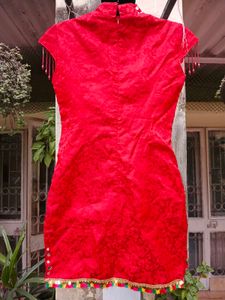 Red Chinese Style Dress with Peacock
