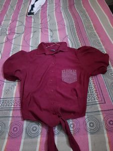 Burgundy Tie-Front Top with Sequin Pocket