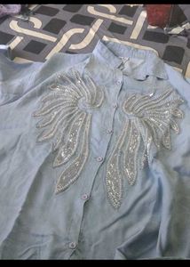 Light Blue Sequin Wing Button-Up Shirt