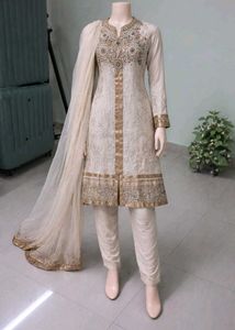 Elegant Cream &amp; Gold Pakistani Suit