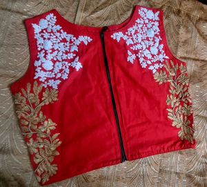 Red Embroidered Zipper Crop Top