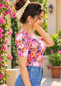 Floral Puff Sleeve Crop Top