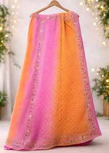Ombre Pink &amp; Orange Embellished Saree