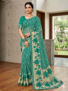 Beautiful Teal Saree with Floral Print