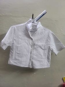 White Broderie Anglaise Cropped Shirt not wearing
