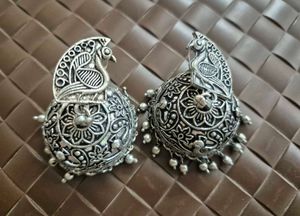 Oxidized Silver Peacock Jhumka Earrings