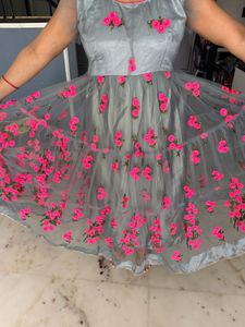 Grey Net gown with Pink Floral Embroidery