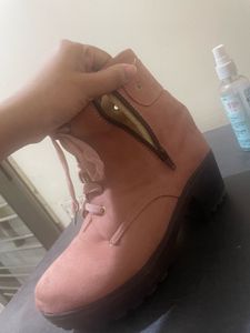 Pink Lace-Up Block Heel Boots