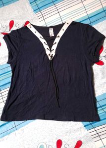 Women's Lace Tie Up V Neck Crop Top Casual Tshirt