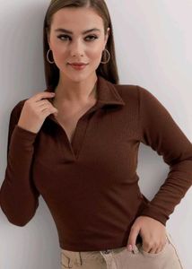 Ribbed Long Sleeve Collared Top