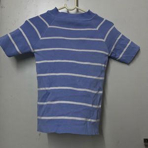 Blue Striped Mock Neck Top