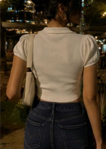 ✨ White  Ribbed Puff Sleeve polo Crop  Top 🎀