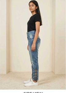 High-Waist Textured Slim Fit Blue Jeans