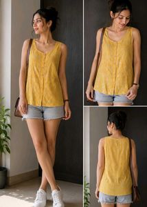Yellow Sleeveless Printed Button-Up Top