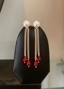 pure silver Pearl & Red Drop Earrings