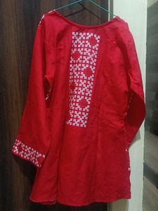 Vibrant Red Kurta with White Block Print