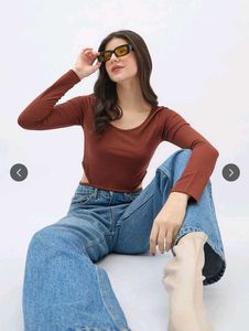 Brown Long Sleeve Cropped Top