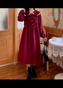 Chic Burgundy korean Velvet Dress With Bow