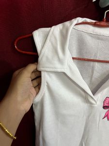 Cute White Ribbed Collared Tank Top