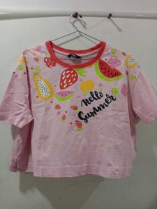 Pink Fruit Print "Hello Summer" T-Shirt