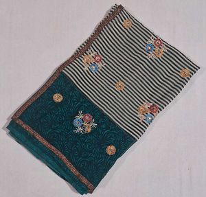Elegant Striped Saree with Floral Embroidery