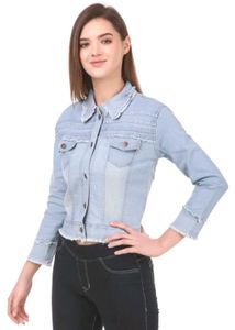Light Wash Denim Jacket with Frayed Hem