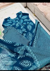 Teal Leaf Print Kurta Set
