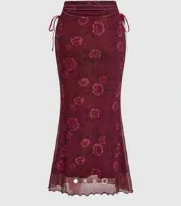 Burgundy Rose Print Mesh Maxi Skirt