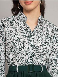 Green Pleated Midi Dress with Belt