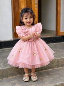 fix price Pink Tulle Dress with Floral Appliques