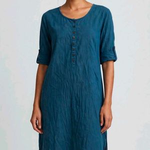Teal Linen Blend Button-Up Kurti