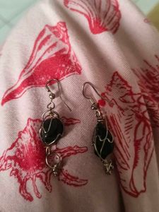 Unique Black Stone Wire-Wrapped Earrings