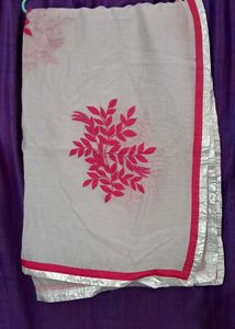 White Dupatta with Pink Embroidery