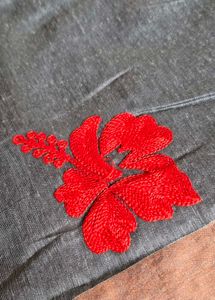 Elegant grey Saree with Red Floral Embroidery