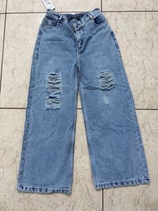 Distressed Wide-Leg Denim Jeans