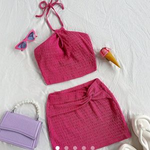 Hot Pink Textured Crop Top & Skirt Set