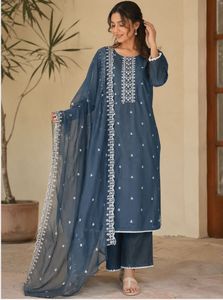 Blue Embroidered Kurta Set with Dupatta